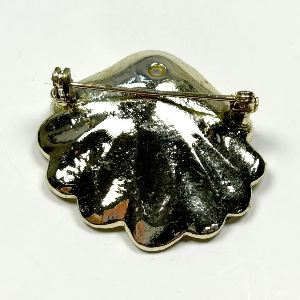 Seashell Brooch Rhinestone Gold Tone‎ Faux Pearl Vintage Mid Century